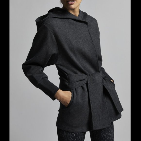 Varley Tops - Varley Cove Tie Front Hooded Sweatshirt Jacket Size S Black Marl